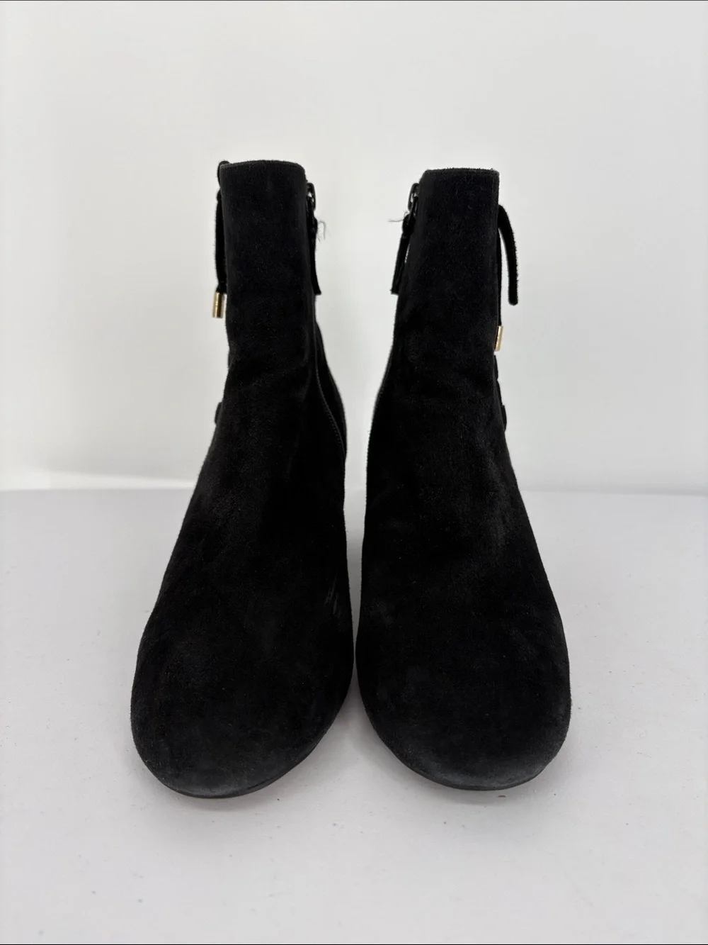 🌪️ Cole Haan Black Suede Ankle Boots with Decorative Lace & Gold Aglets